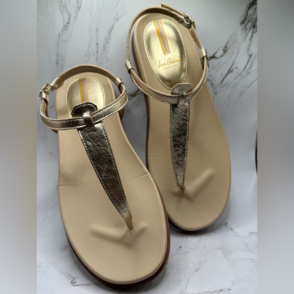Sam Edelman Naomi Gold and Tan Sandals with T-Strap
